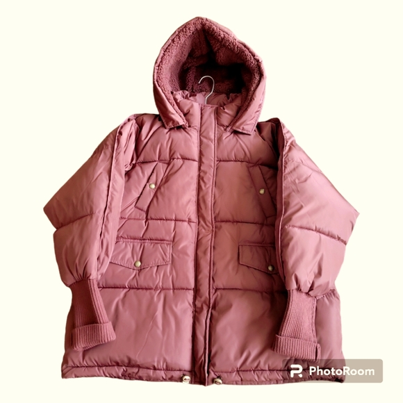 SAM EDELMAN Shirt Knit Trim Puffer Coat, Hooded, Large, Barn Red,NWT - Picture 5 of 14